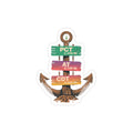 Decorative sticker with wooden sign design and text on a white background
