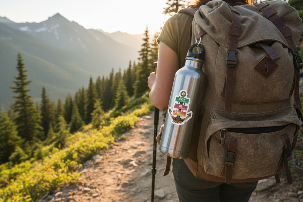 Person hiking on a trail with mountains and trees in the background