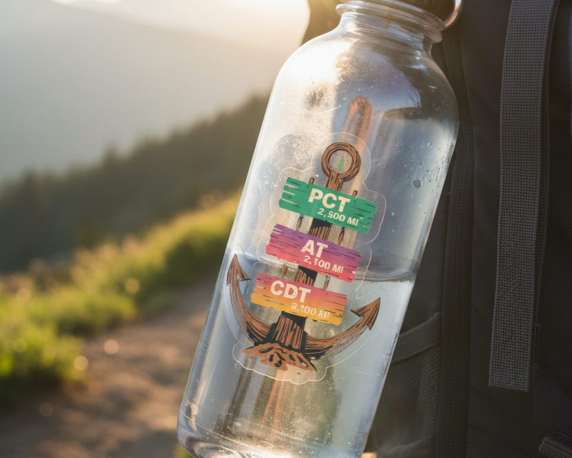 Clear water bottle with a trail marker design held by a person with a backpack, set against a mountainous landscape.